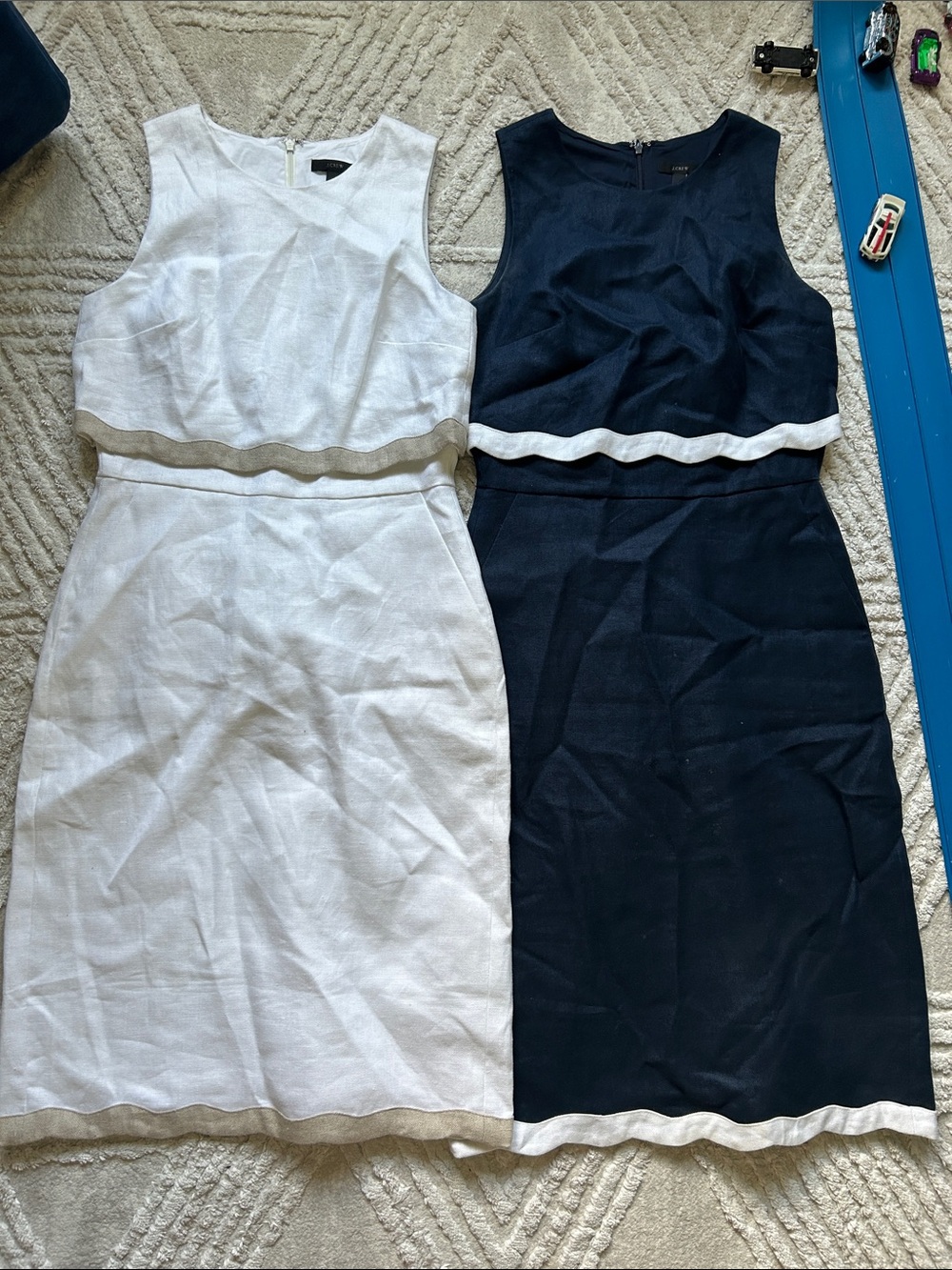 J. Crew Sleeveless Scalloped Trim linen Dresses - White & Navy